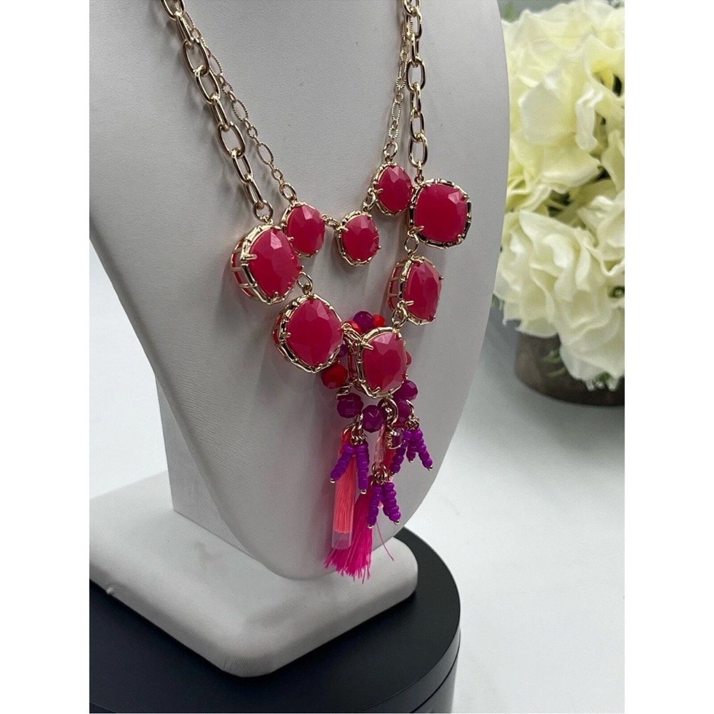 NWT Lilly Pulitzer Coral Pink Tassel Statement Necklace Gold Double Strand - Picture 5 of 11